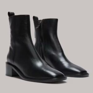 Everlane The City Boot in black leather square toe ankle boot block heel 9
